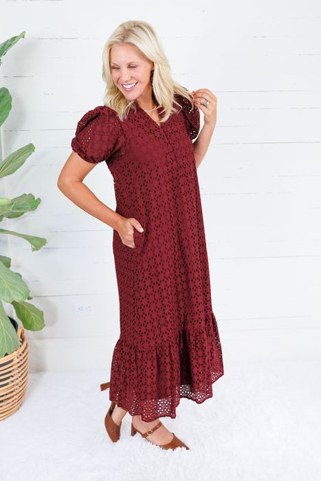 Evelyn Burgundy Eyelet Maxi Dress Entro