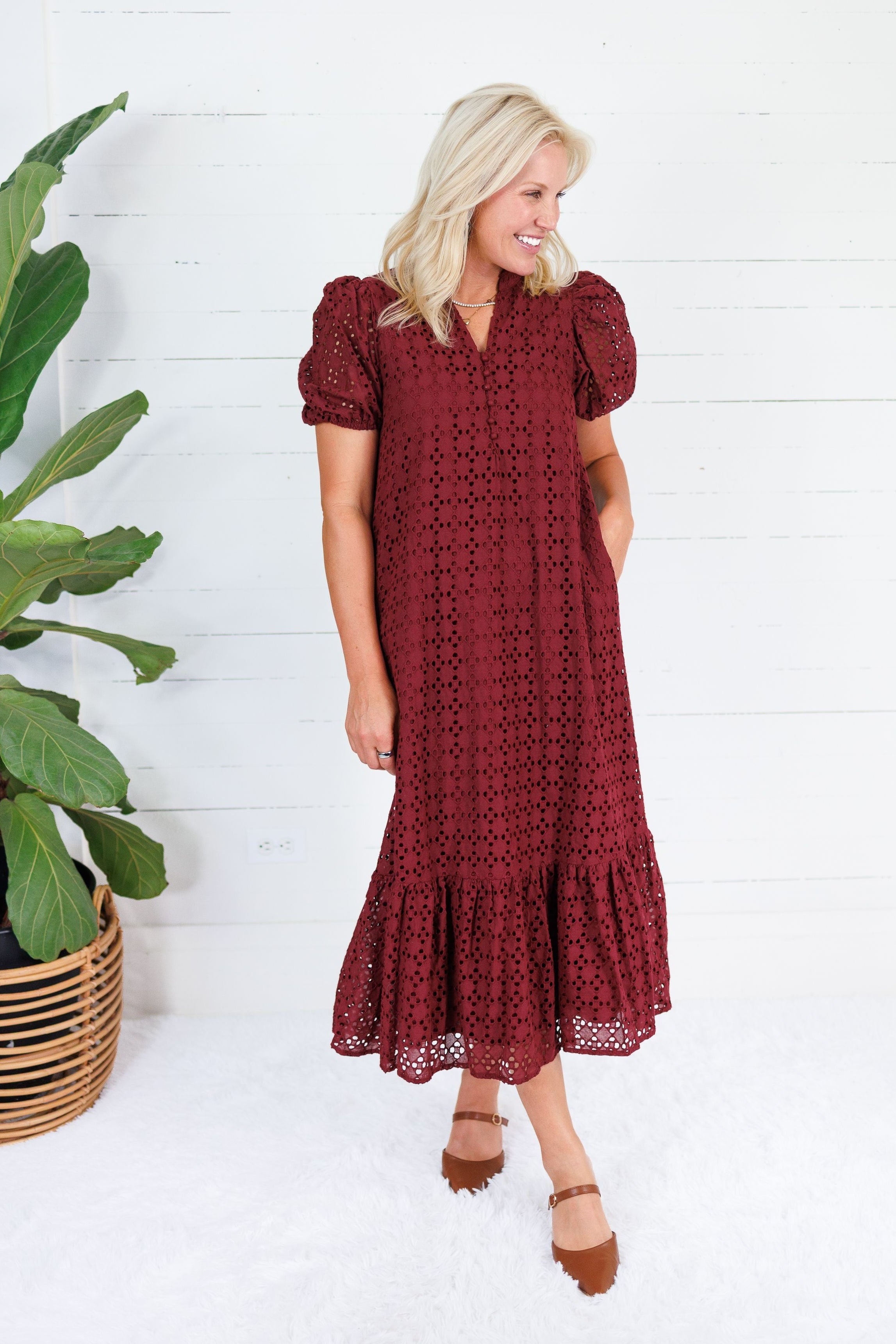Evelyn Burgundy Eyelet Maxi Dress Entro