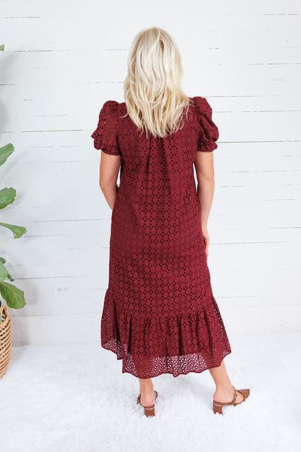 Evelyn Burgundy Eyelet Maxi Dress Entro
