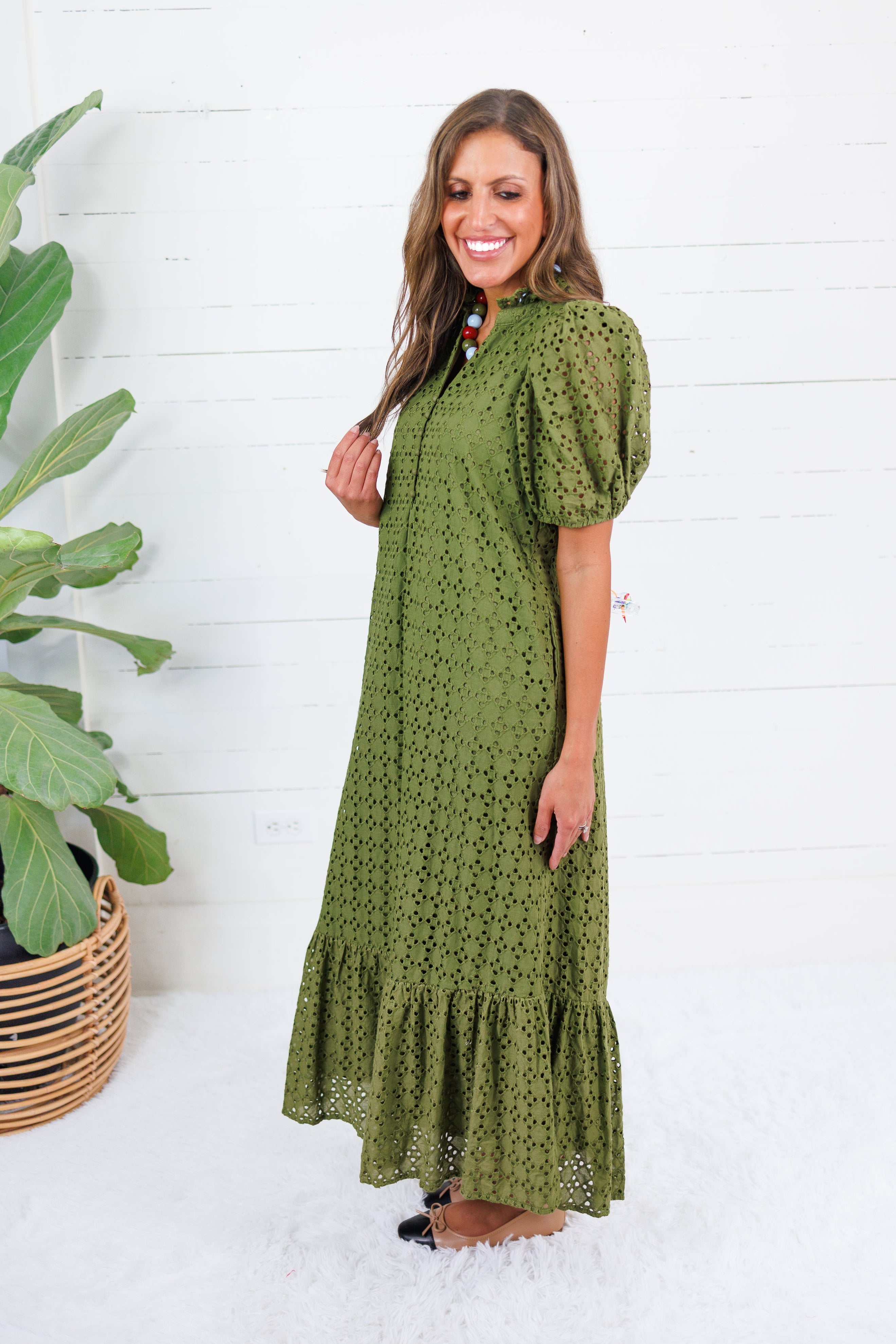 Evelyn Martini Olive Eyelet Maxi Dress Entro