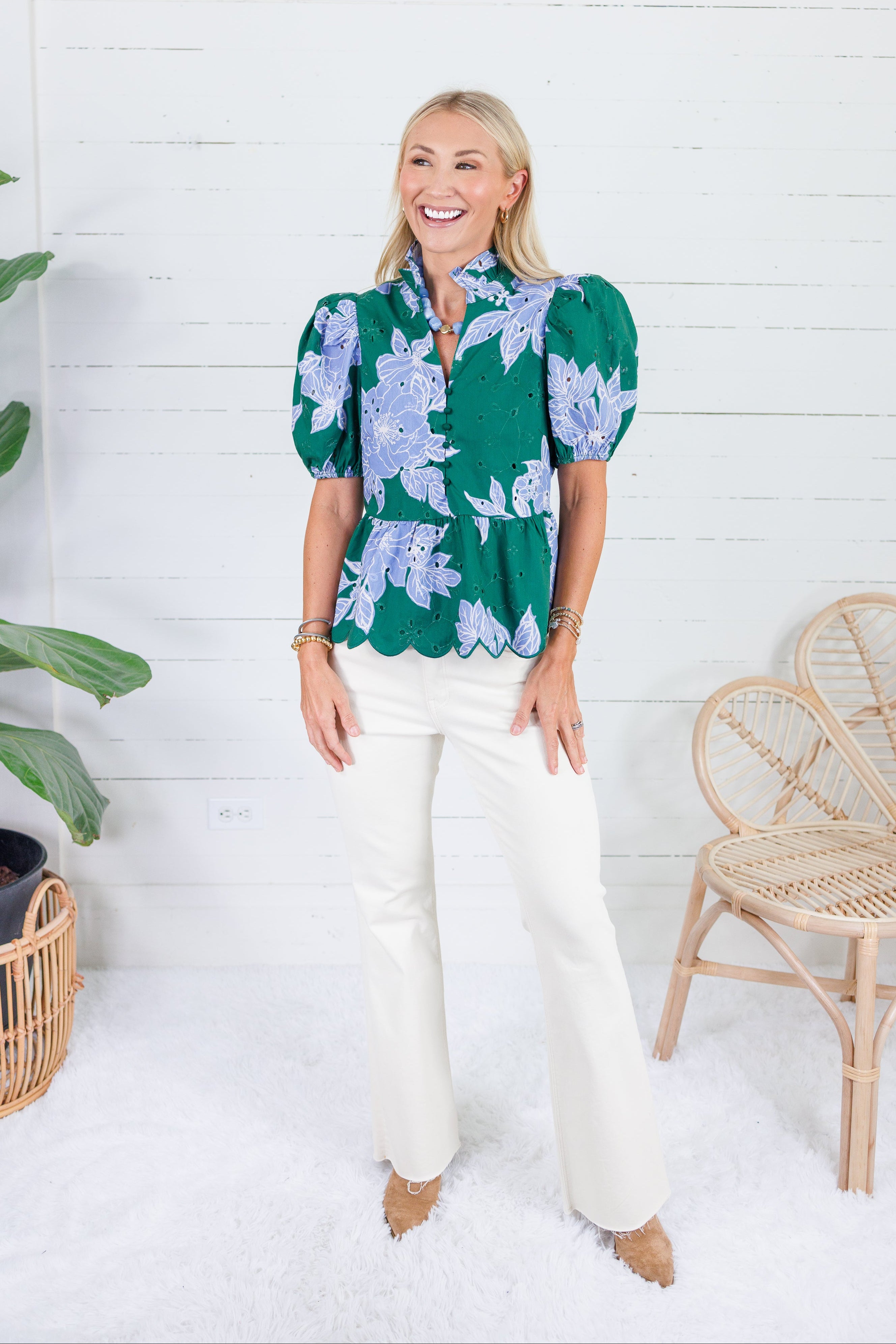 Exeter Deep Green + Periwinkle Floral Top