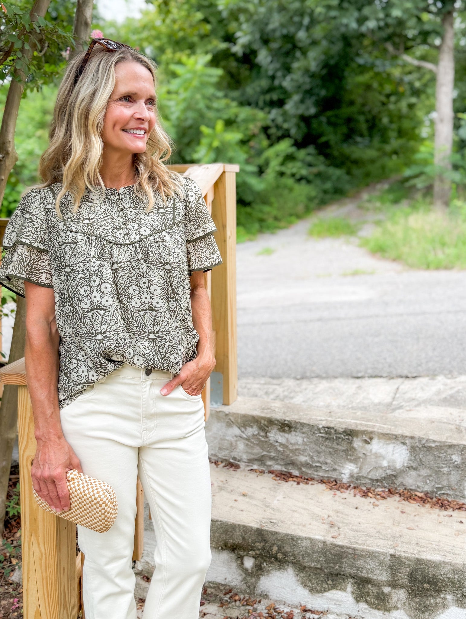 Fabian Olive + Cream Ruffle Sleeve Top