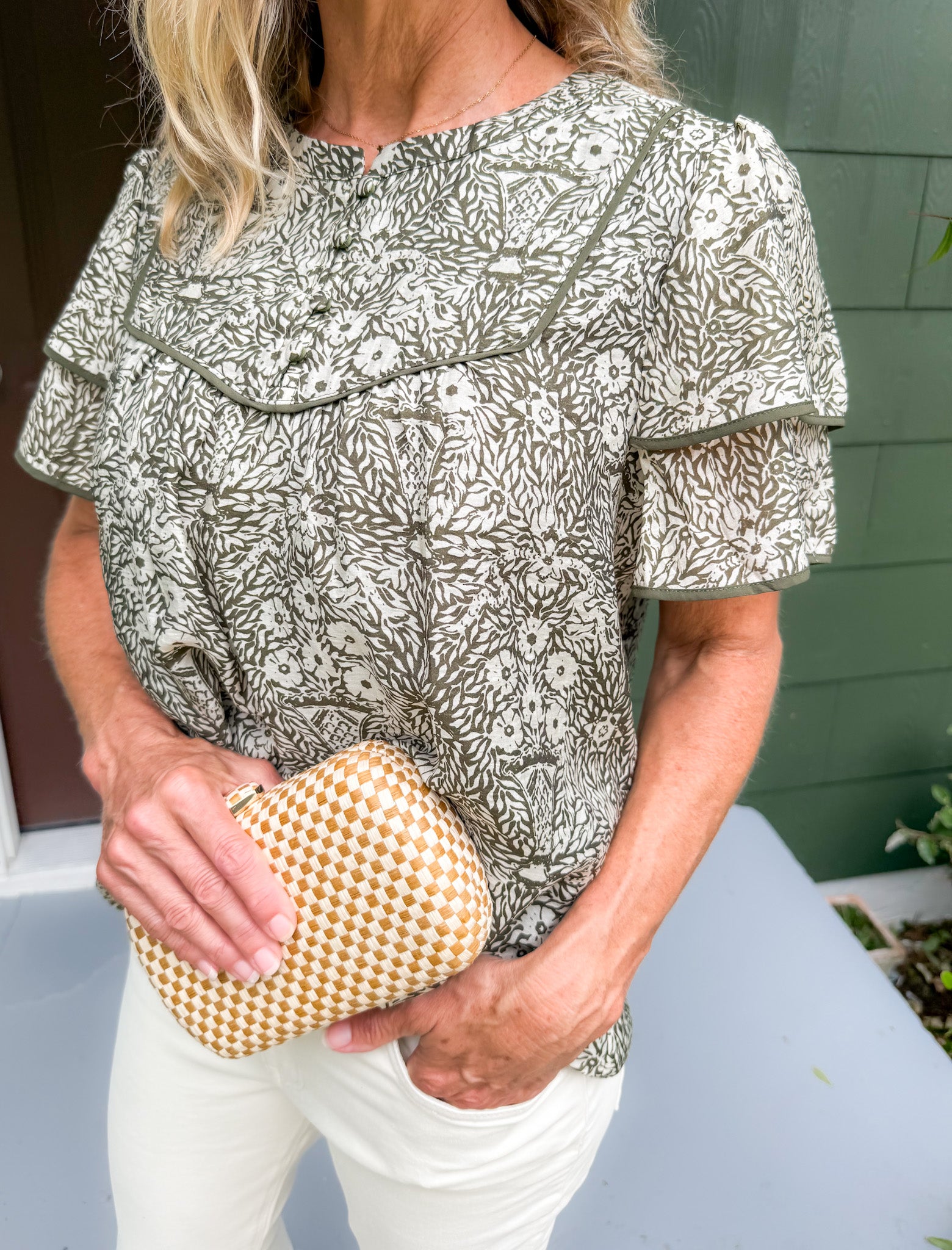 Fabian Olive + Cream Ruffle Sleeve Top