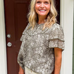 Fabian Olive + Cream Ruffle Sleeve Top