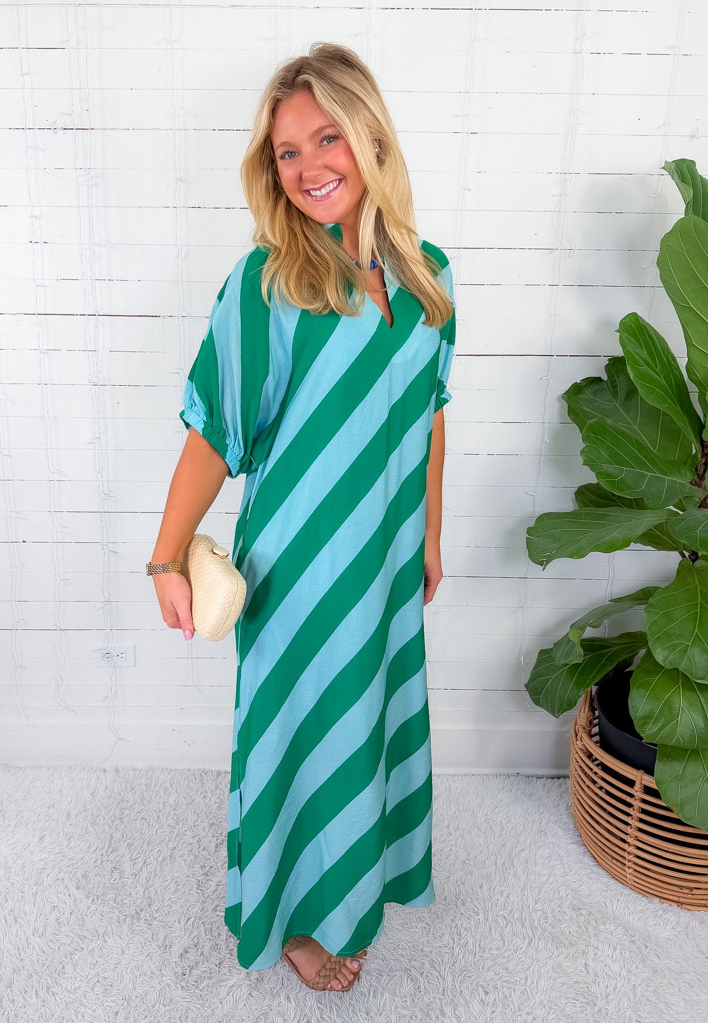 Faith Green + Turquoise Bias Stripe Caftan Entro