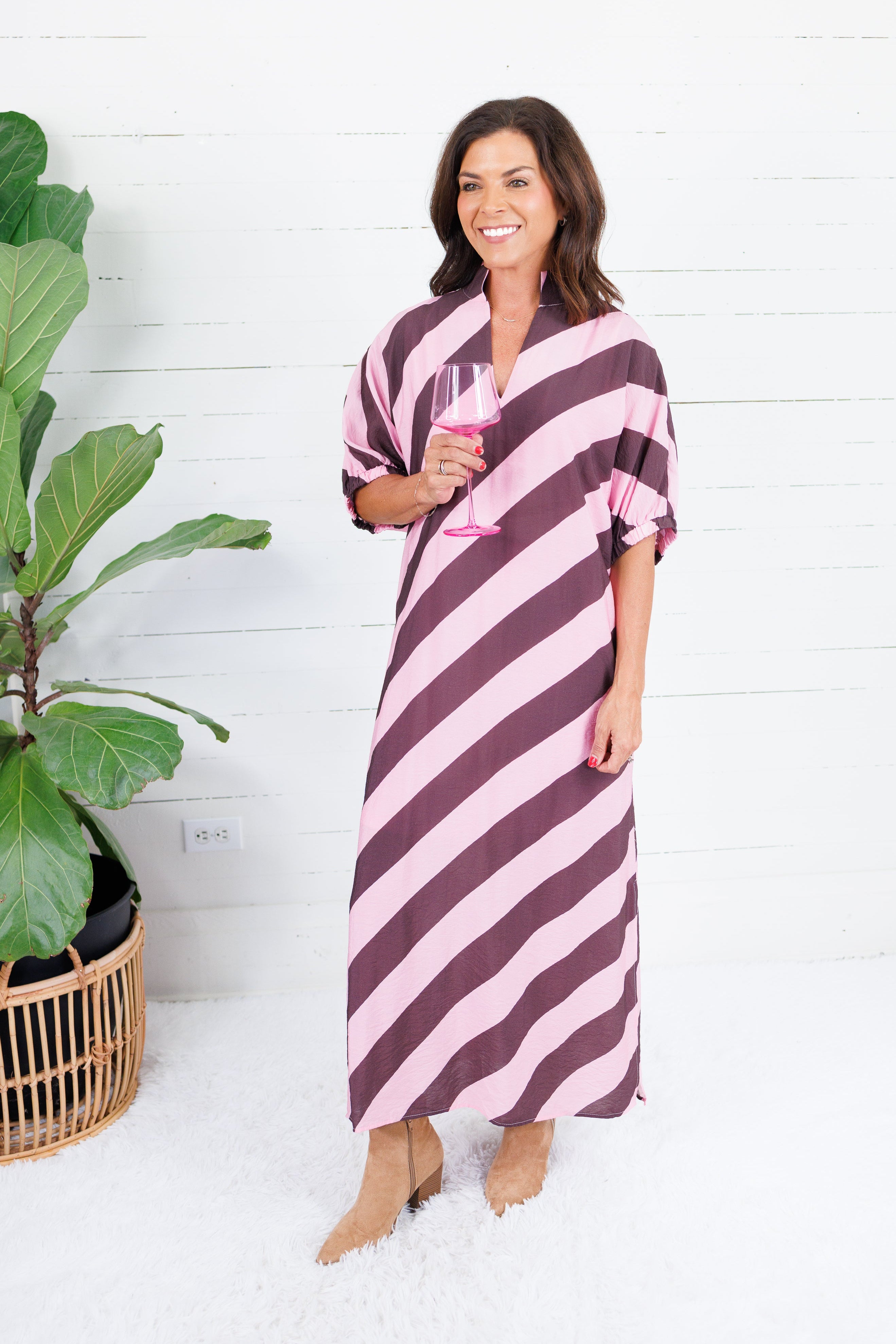 Faith Burgundy + Rose Bias Stripe Caftan Entro