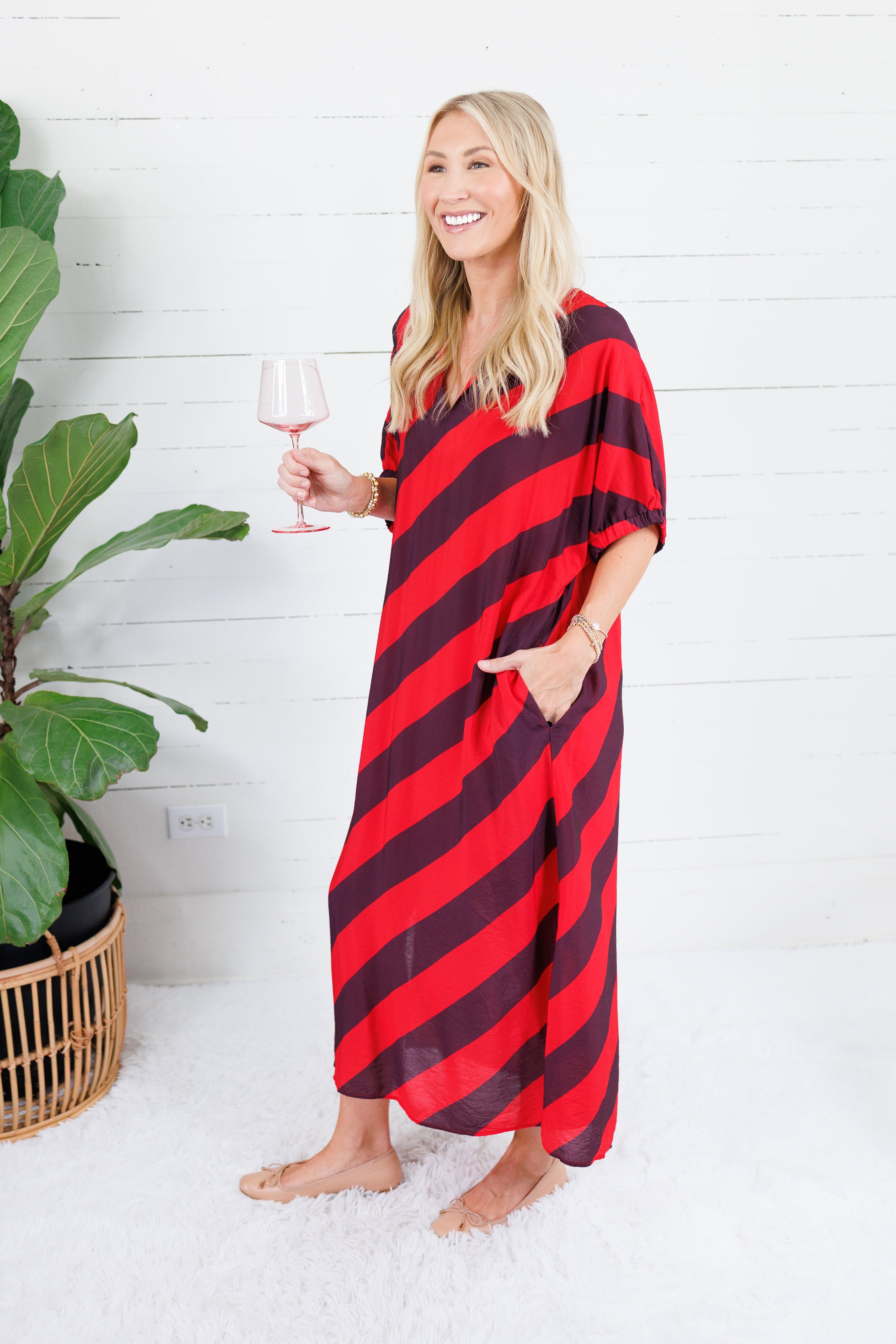 Faith Tomato + Grape Bias Stripe Caftan Entro