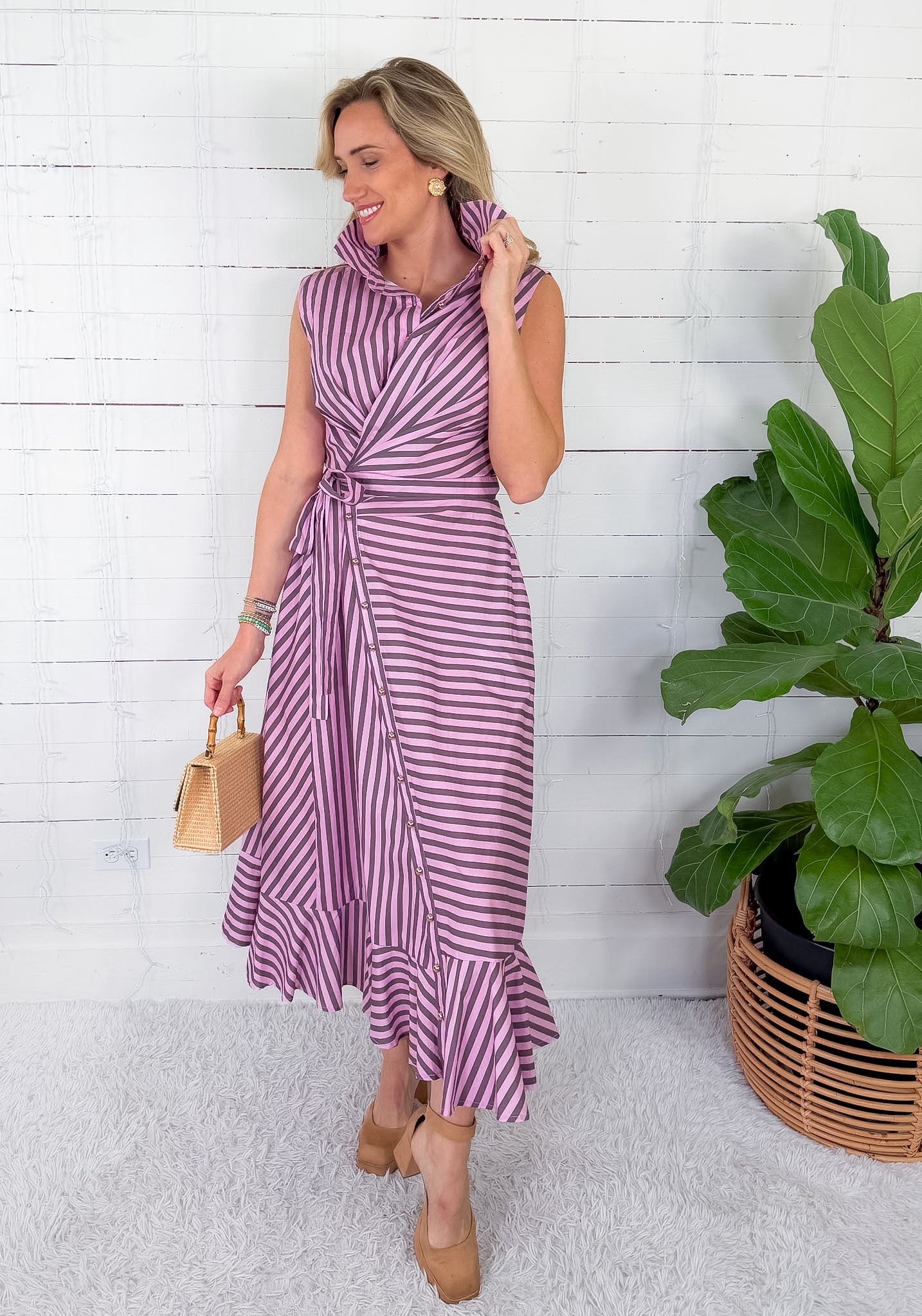 Falcon Eggplant Stripe Faux Wrap Maxi Dress Entro