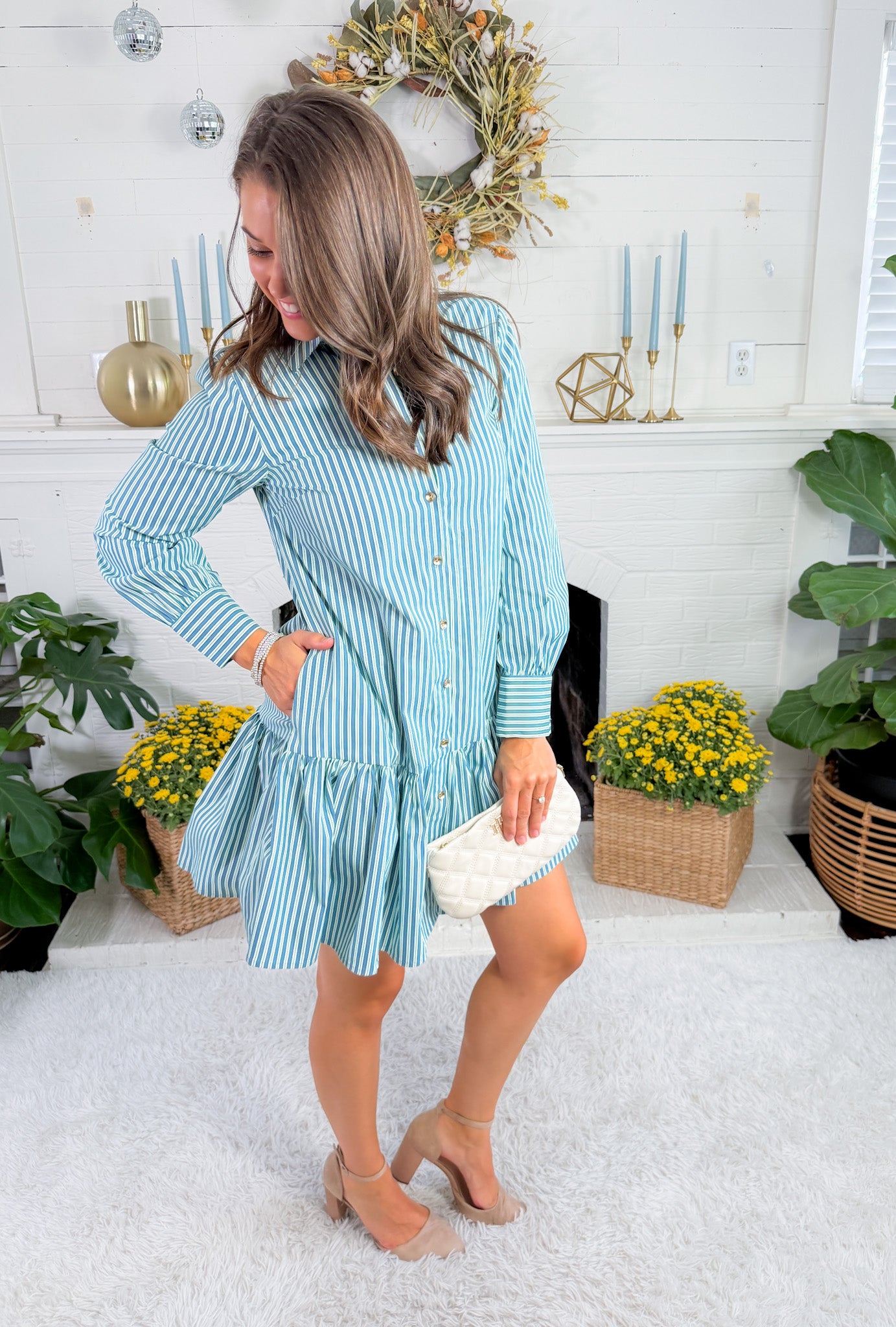 Fiona Blue + Green Simple Stripe Dress Mary Square