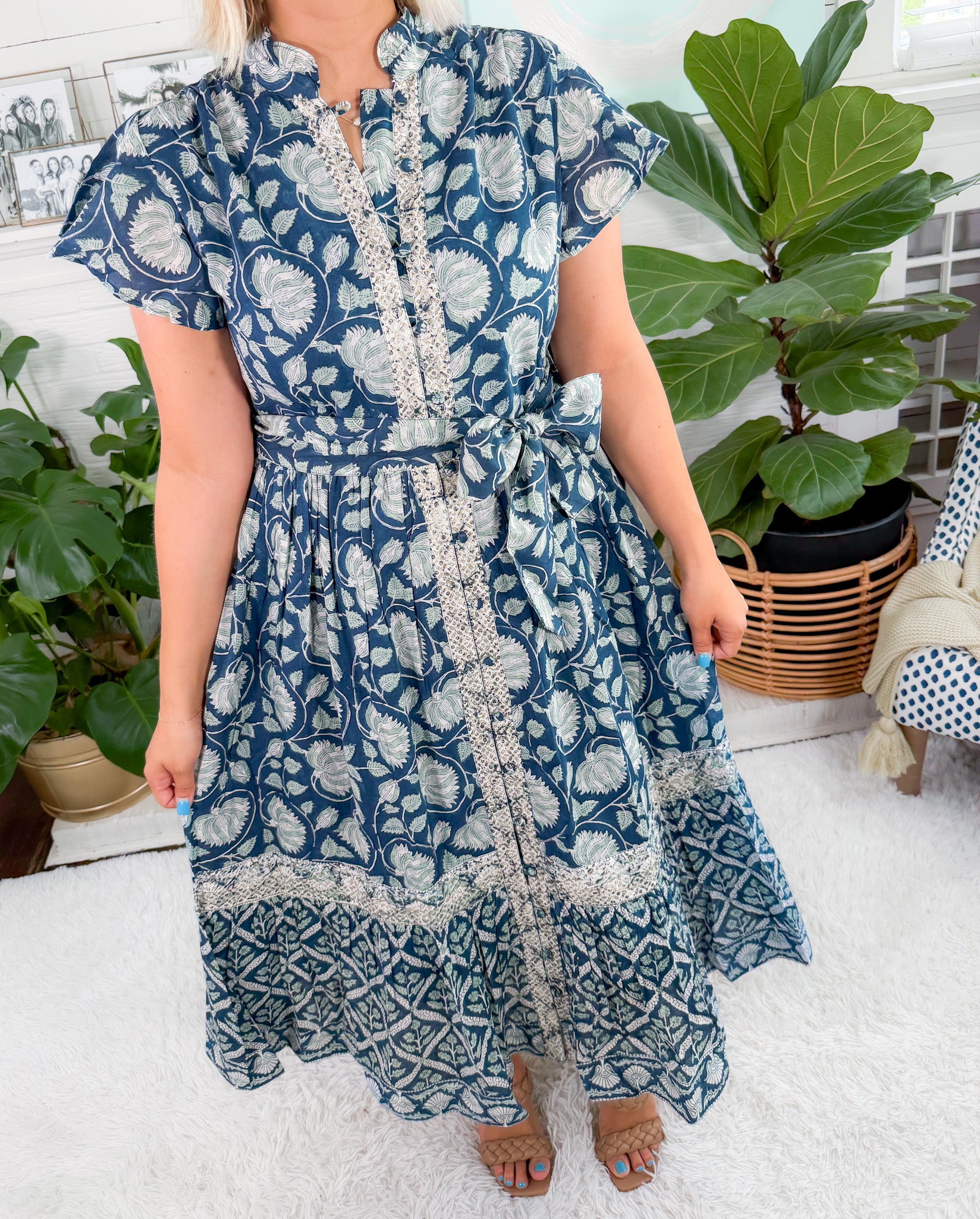 Fleur Navy Sea Midi Dress Azure and Indigo