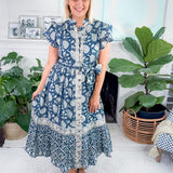Fleur Navy Sea Midi Dress Azure and Indigo