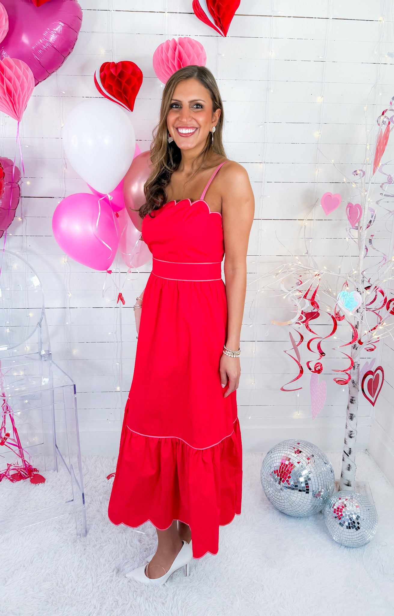 Flirty Red Scallop Midi Dress