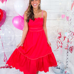 Flirty Red Scallop Midi Dress