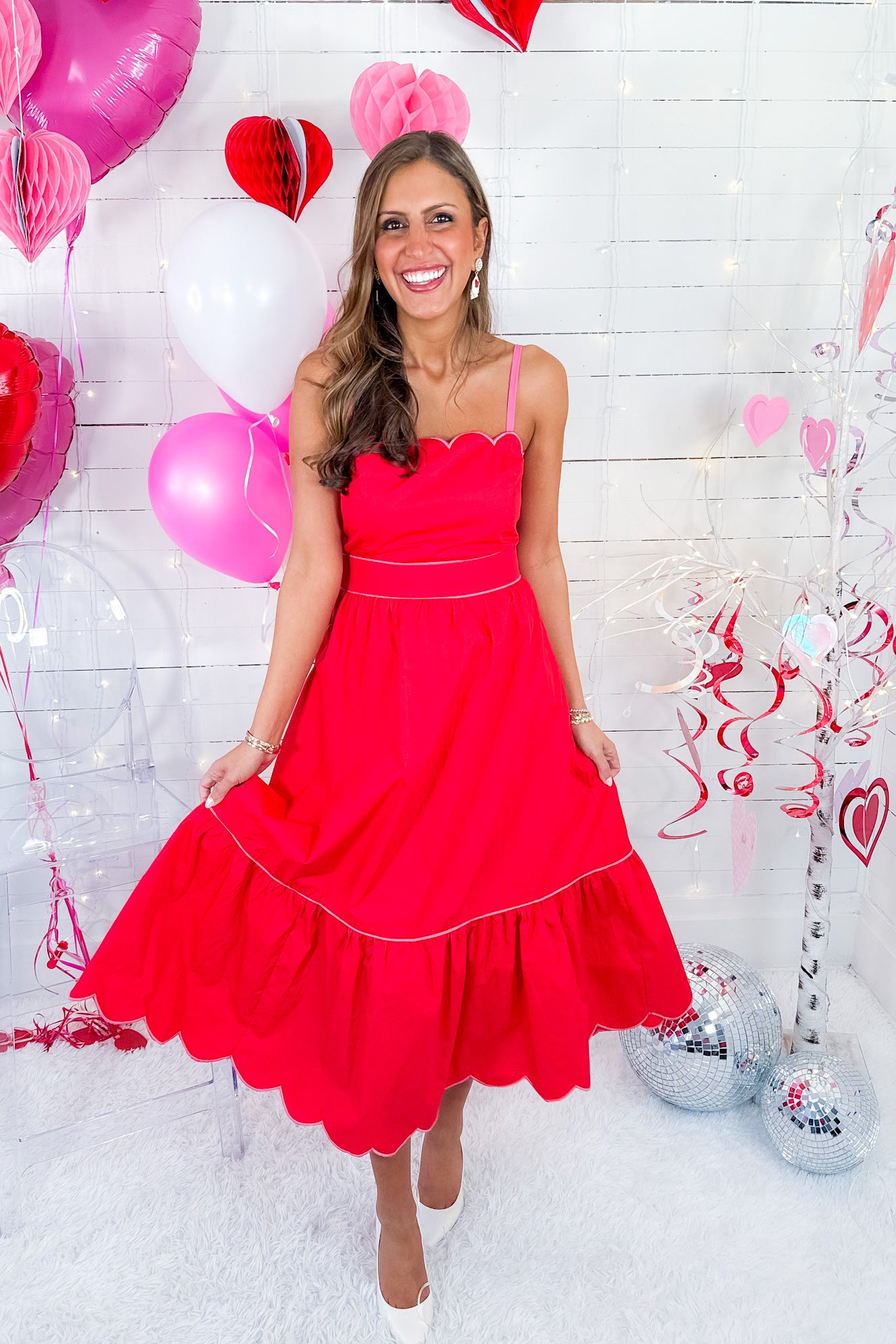 Flirty Red Scallop Midi Dress