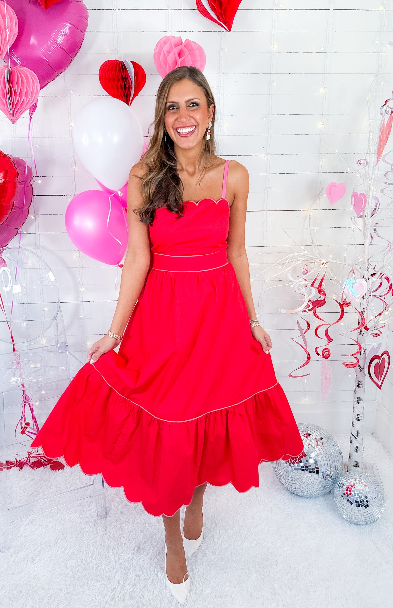 Flirty Red Scallop Midi Dress