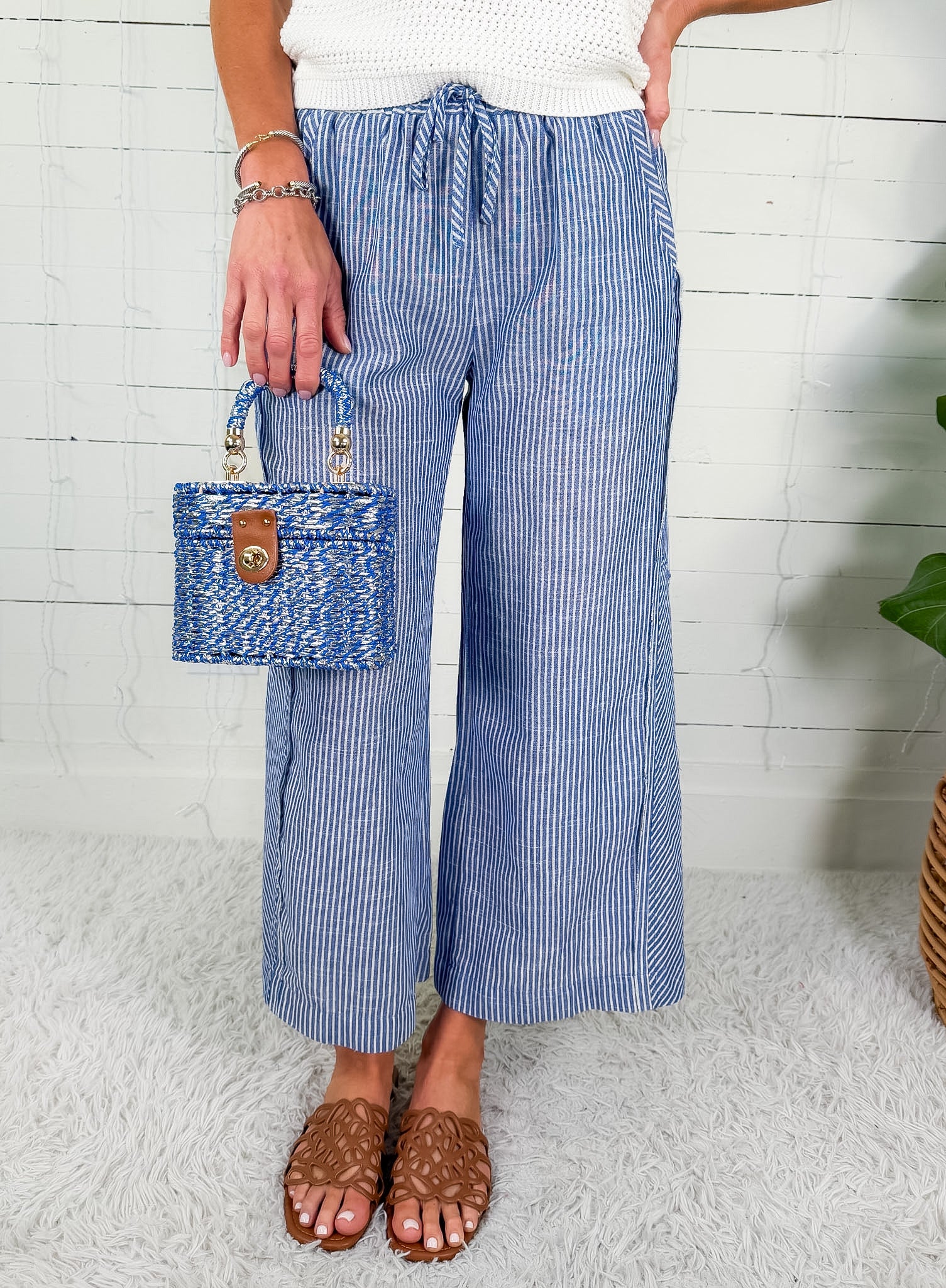 Freeport Blue Linen Blend Striped Wide Leg Pants