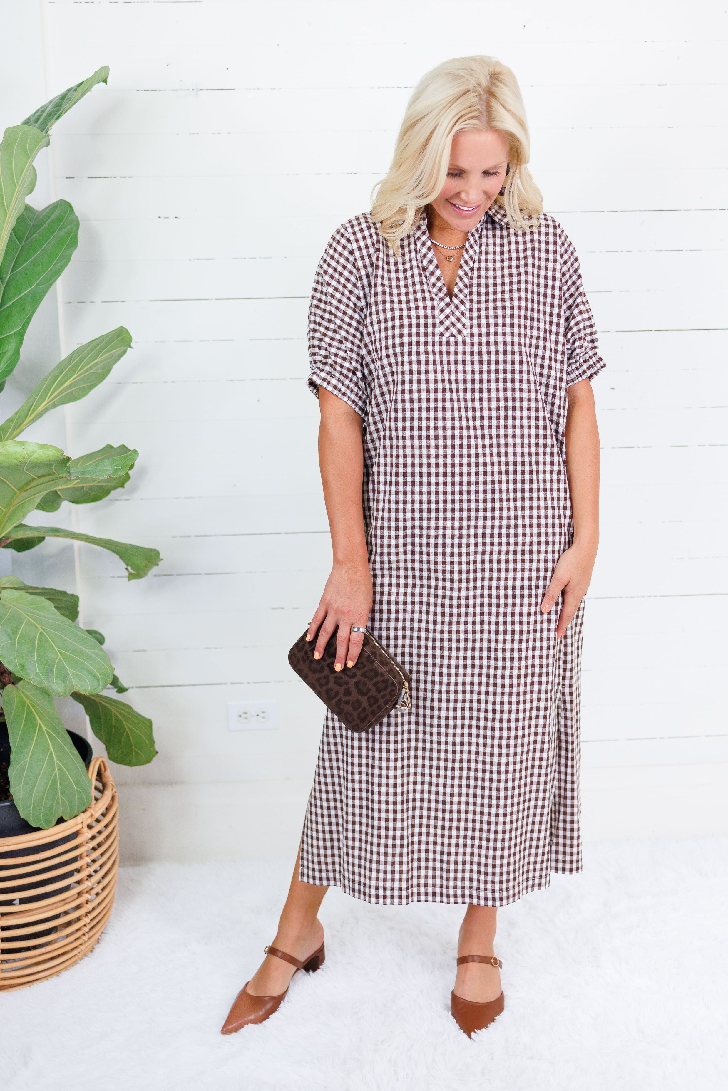 Frontier Cocoa Gingham Caftan Dress Entro