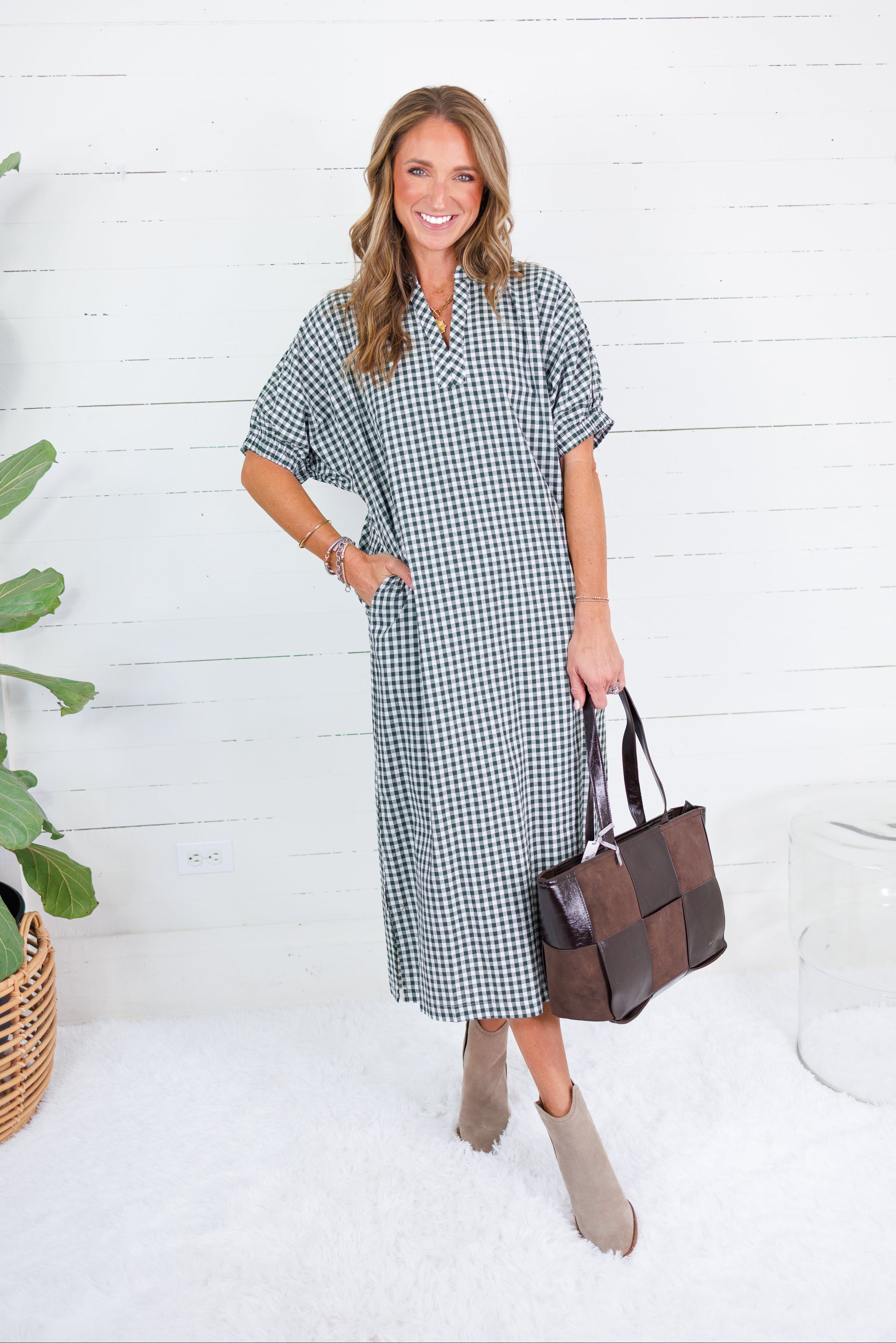 Frontier Pine Gingham Caftan Dress Entro