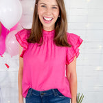 Galette Pink Trimmed in Red Flutter Sleeve Top