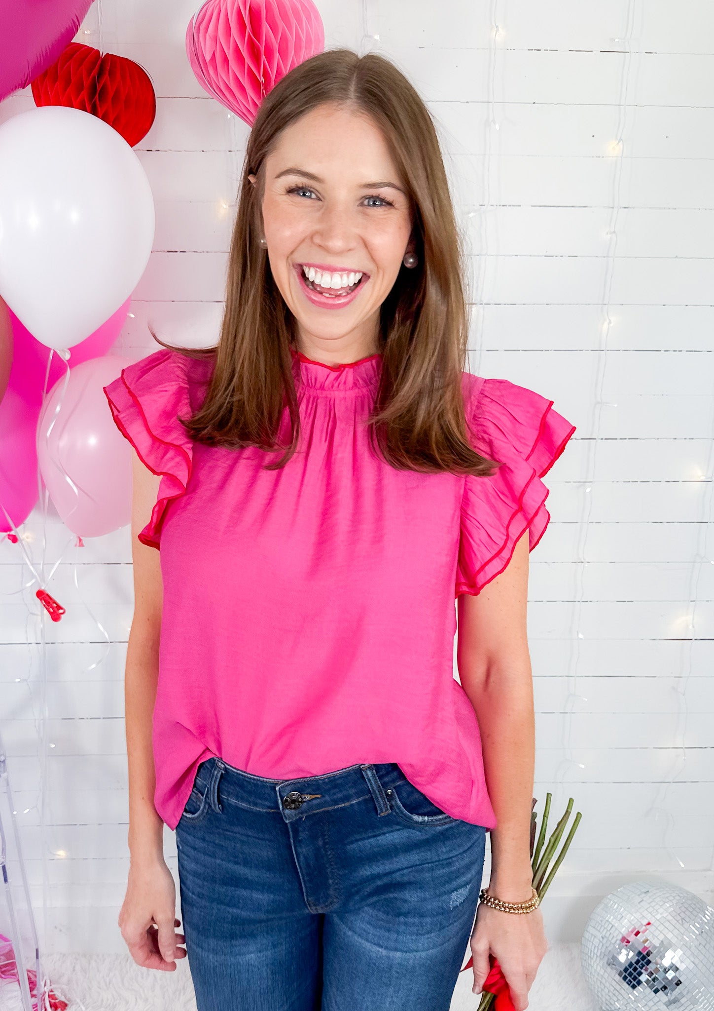 Galette Pink Trimmed in Red Flutter Sleeve Top