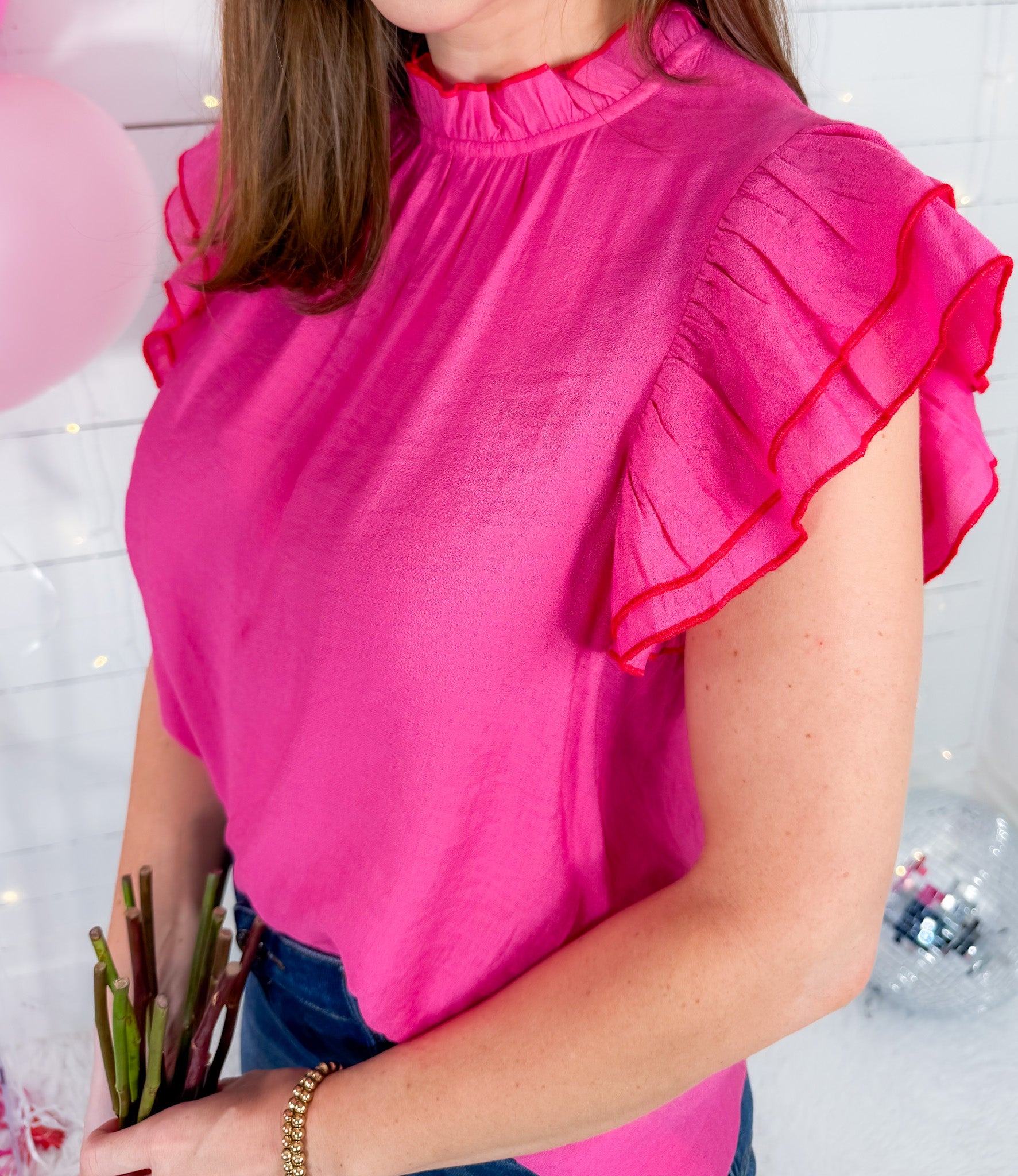 Galette Pink Trimmed in Red Flutter Sleeve Top