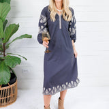 Garner Charcoal Boho Embroidered Midi Dress Pinch