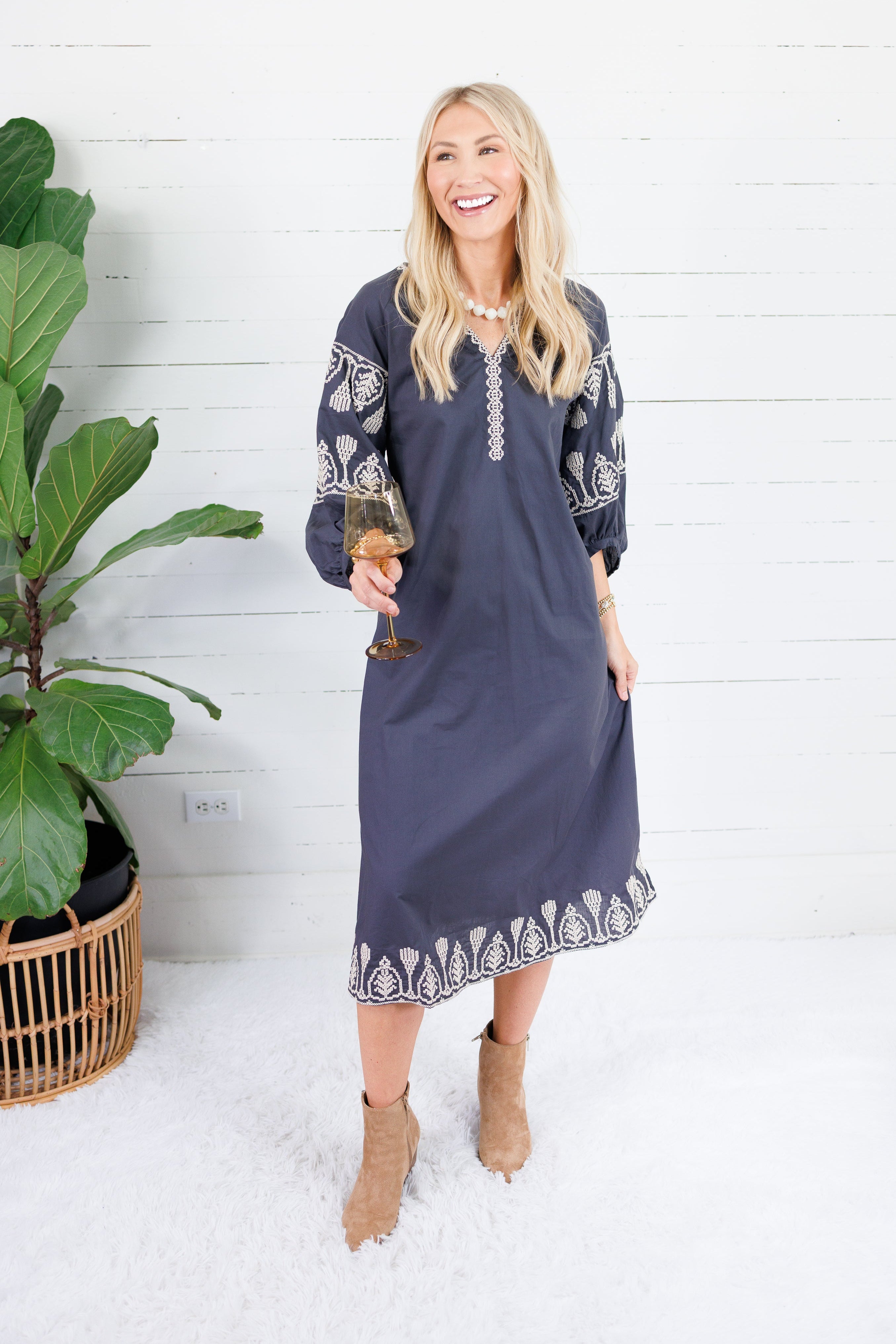 Garner Charcoal Boho Embroidered Midi Dress Pinch
