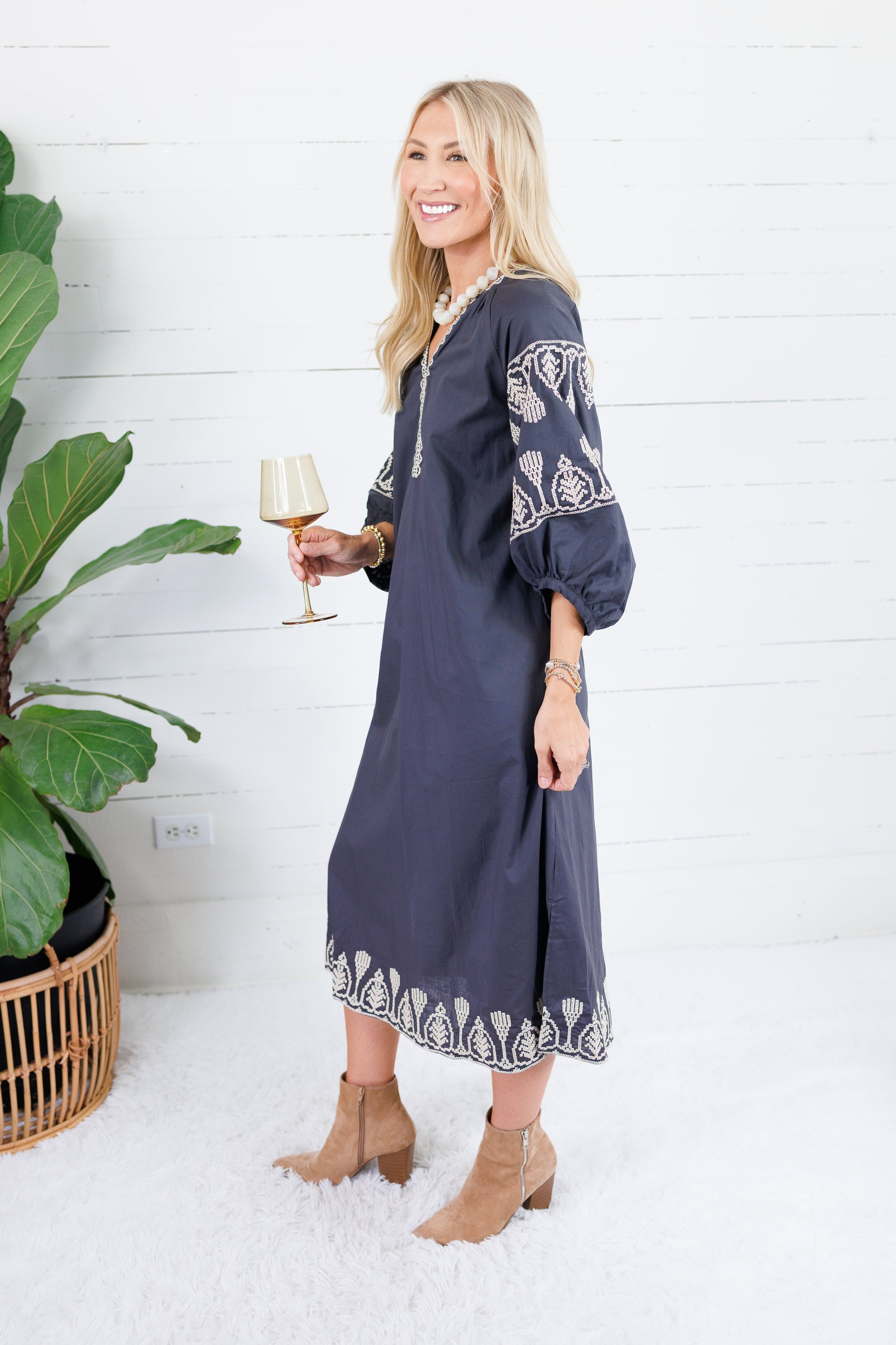 Garner Charcoal Boho Embroidered Midi Dress Pinch