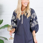 Garner Charcoal Boho Embroidered Midi Dress Pinch