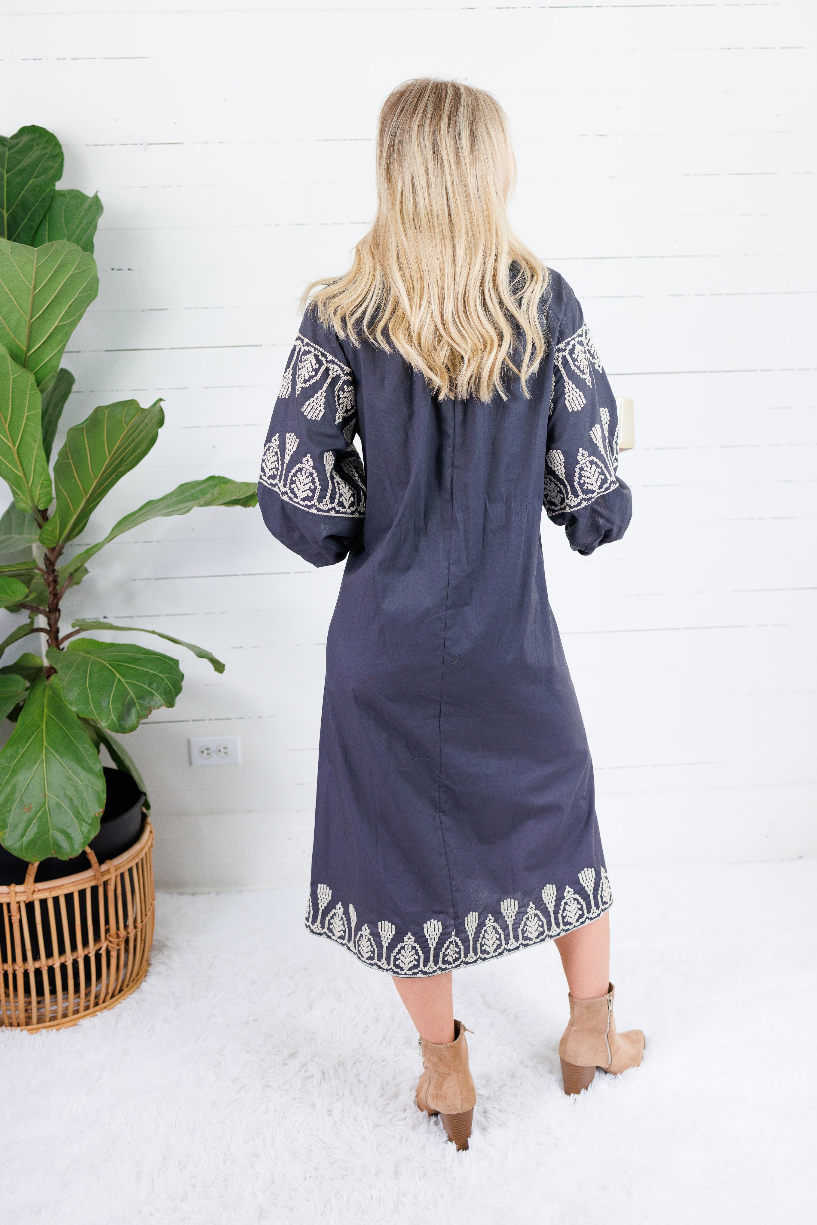 Garner Charcoal Boho Embroidered Midi Dress Pinch