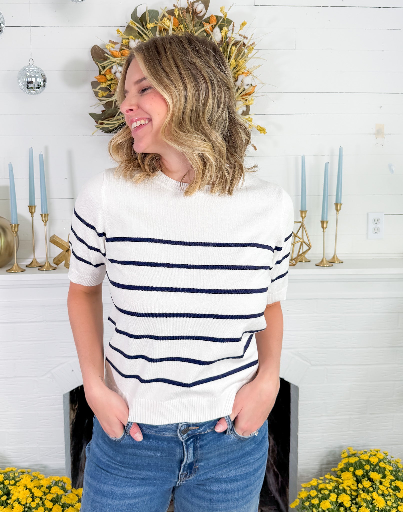 Georgette Ivory + Navy Striped Sweater