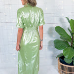 Georgia Metallic Opal Green Linen Maxi Dress Emily McCarthy