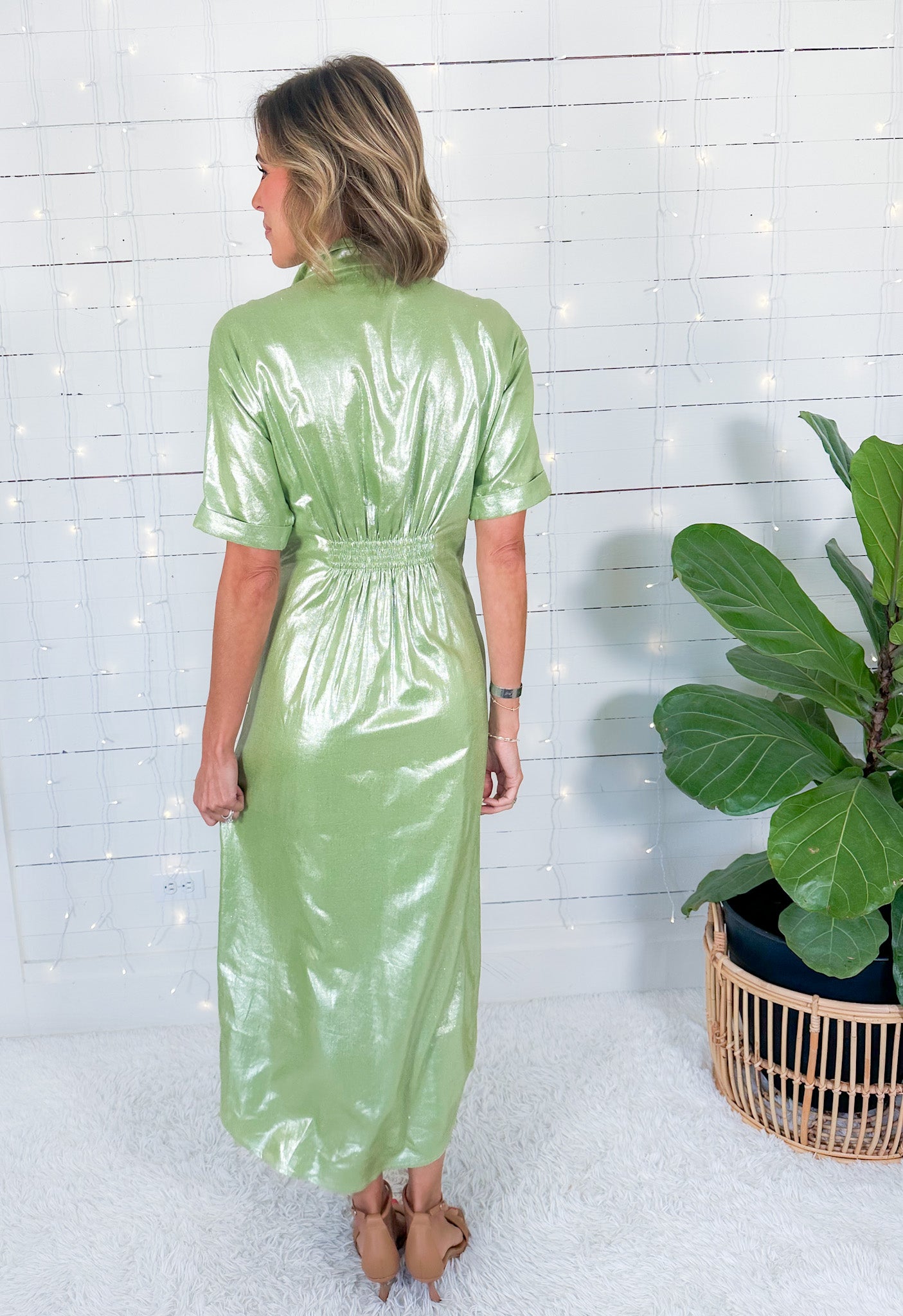 Georgia Metallic Opal Green Linen Maxi Dress Emily McCarthy