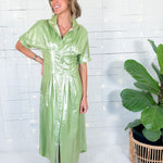 Georgia Metallic Opal Green Linen Maxi Dress Emily McCarthy