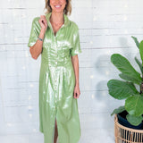 Georgia Metallic Opal Green Linen Maxi Dress Emily McCarthy