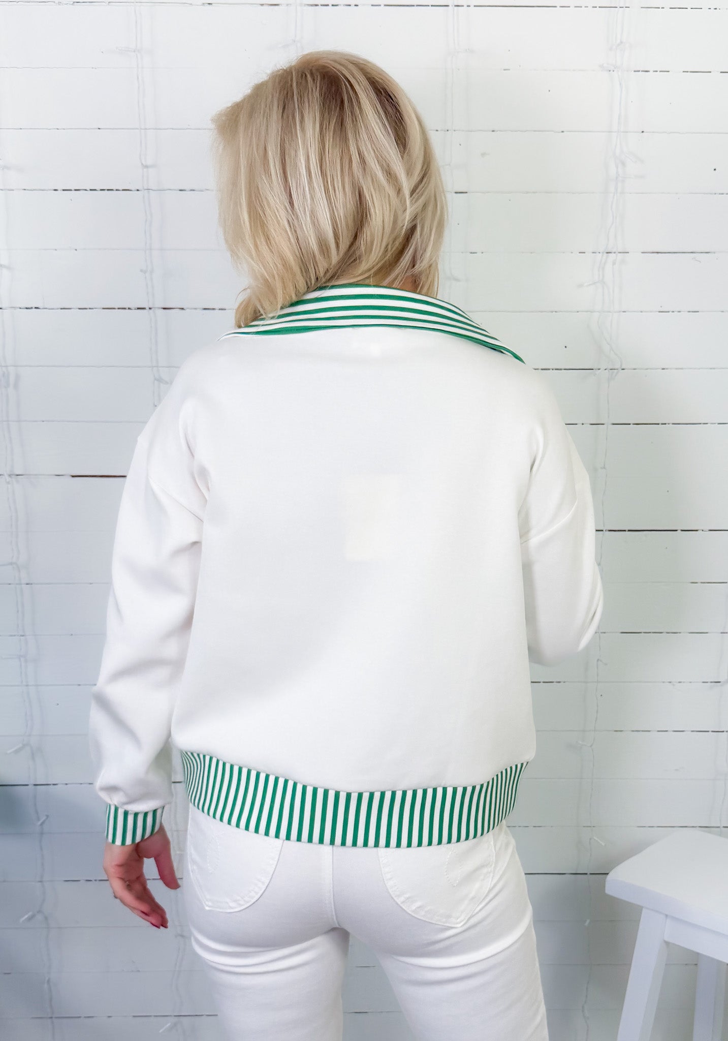 Georgia White Scuba + Kelly Green Stripe Top Entro