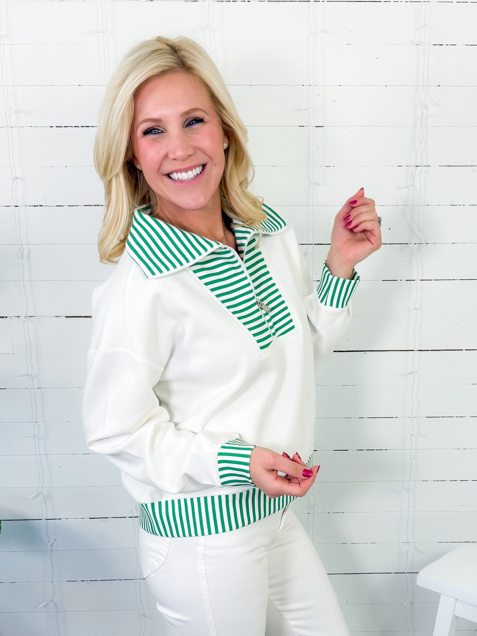 Georgia White Scuba + Kelly Green Stripe Top Entro