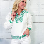 Georgia White Scuba + Kelly Green Stripe Top Entro