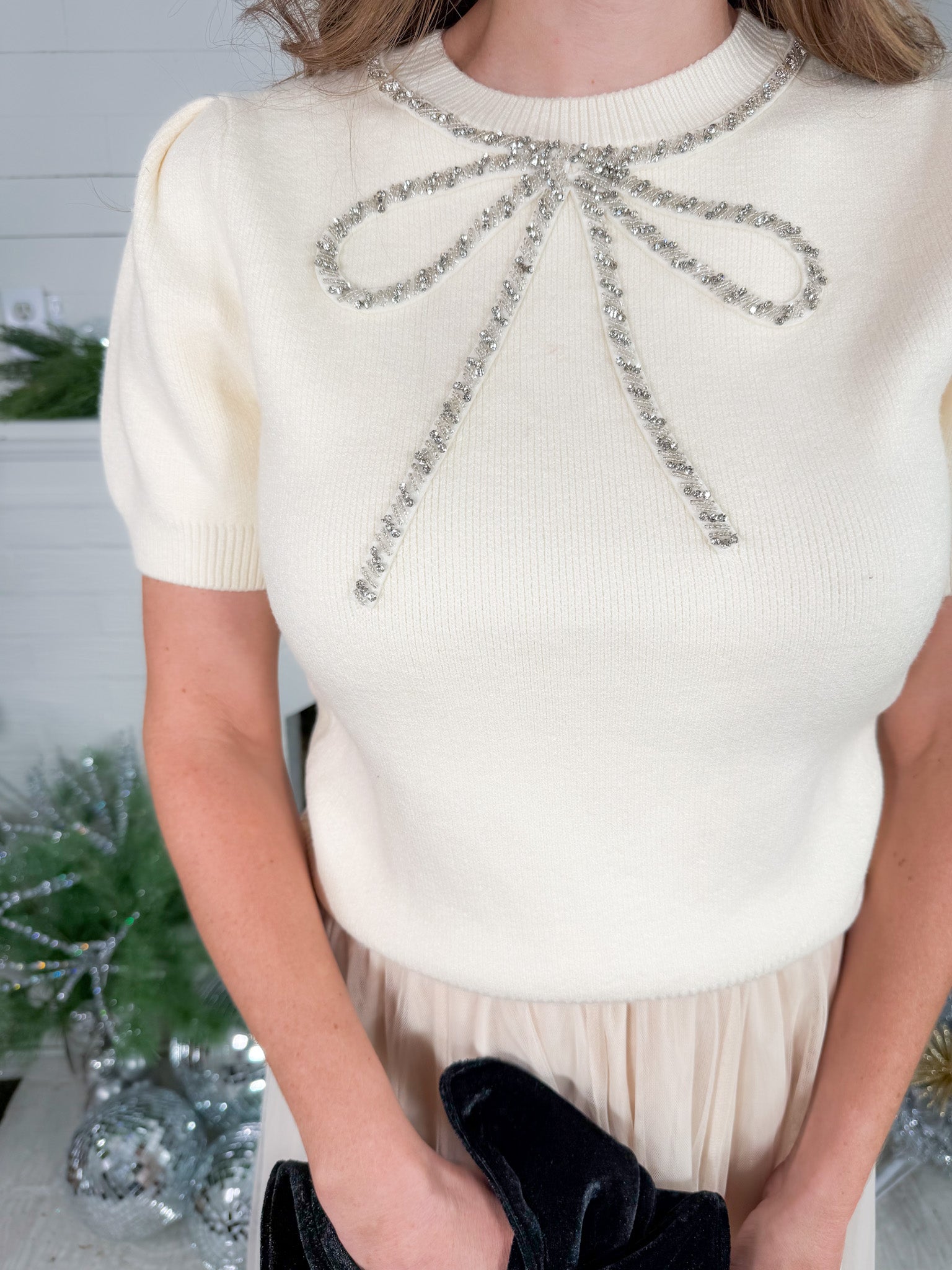 Gertrude Cream Dazzled Bow Sweater