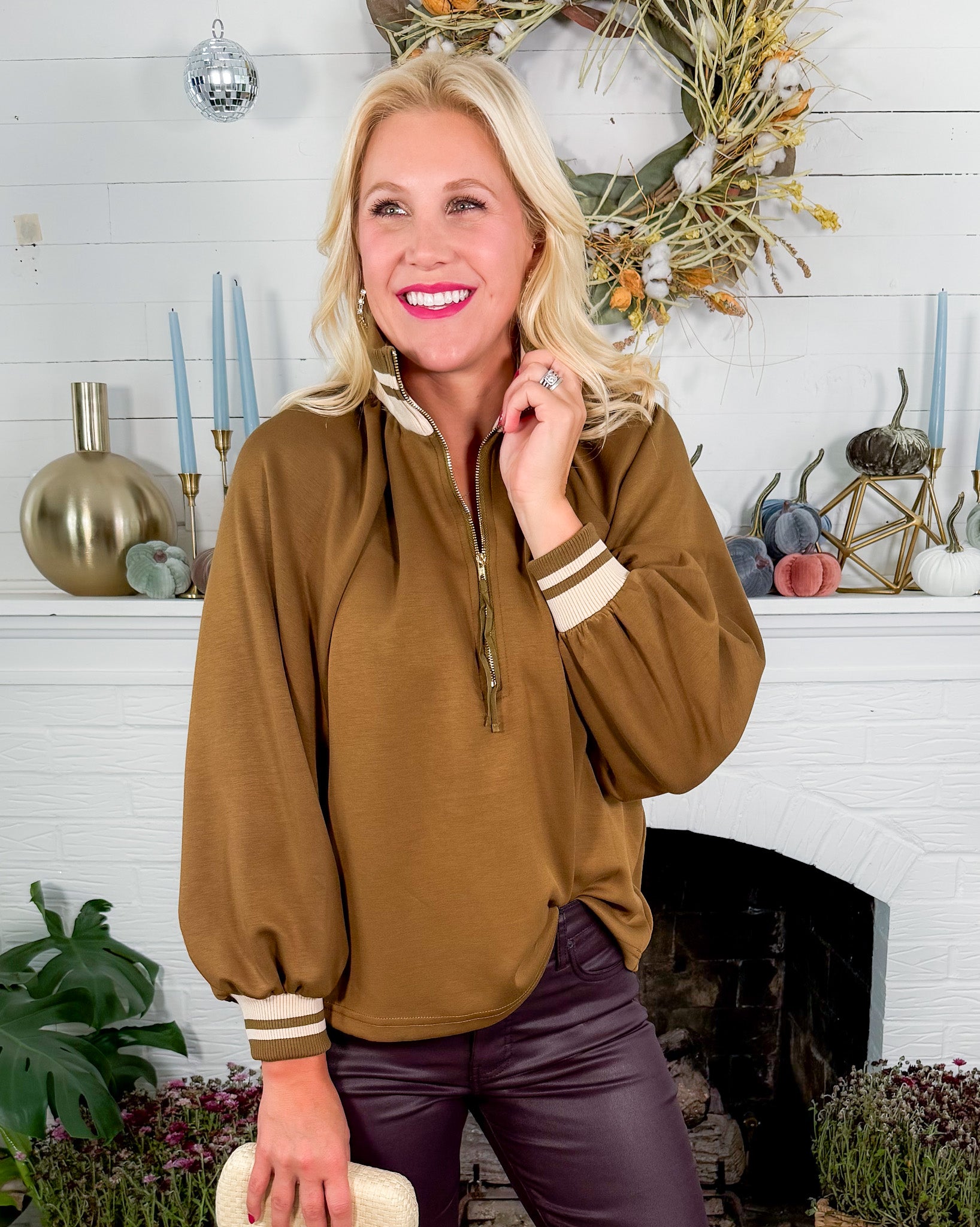 Gibbs Olive Knit Quarter Zip Top Entro