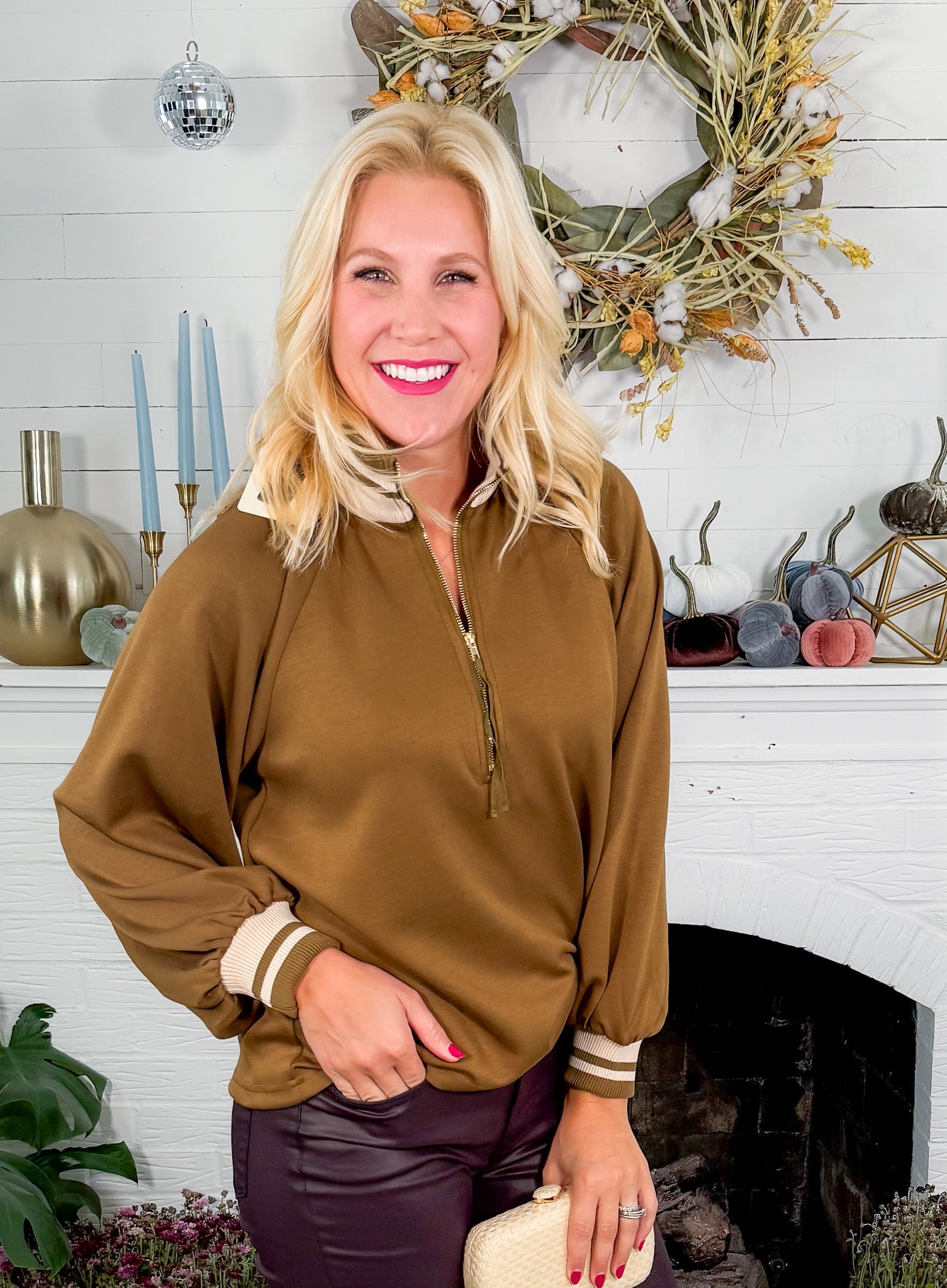 Gibbs Olive Knit Quarter Zip Top Entro