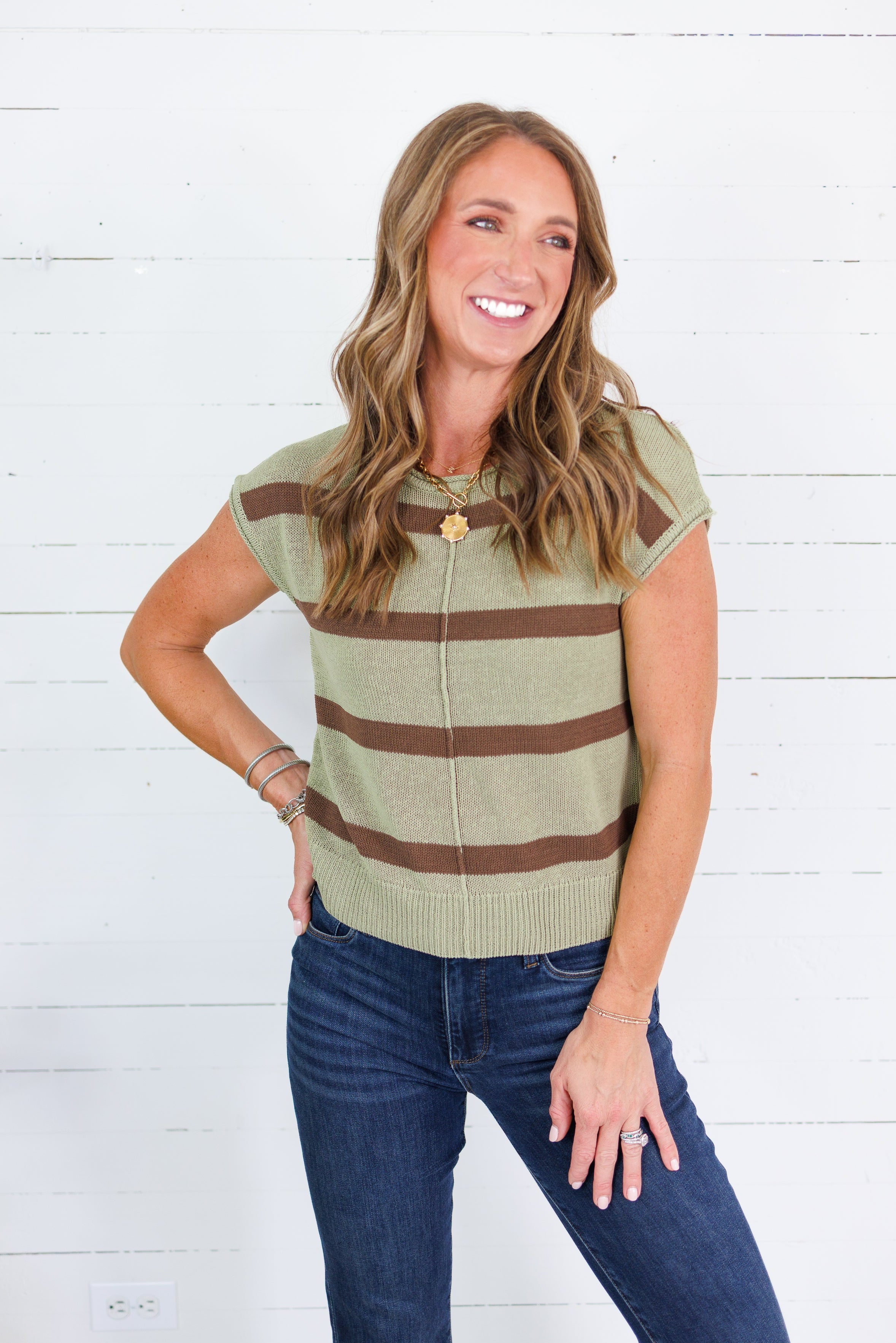 Gibson Light Olive Stripe Sweater Blu Pepper
