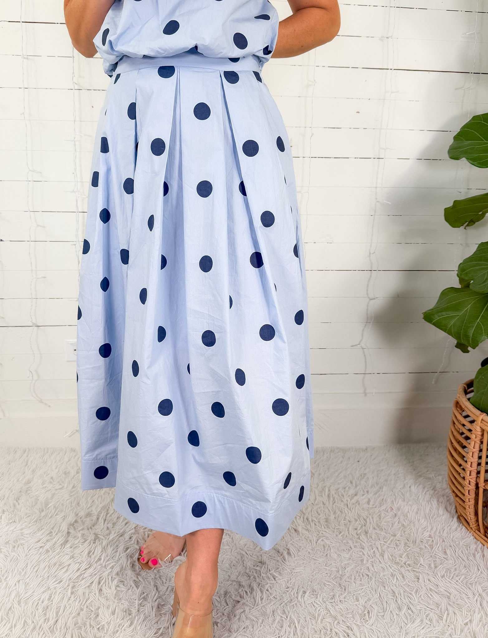 Giselle Blue Pleated Polka Dot Maxi Skirt GLAM