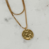 Gold Dipped Coin Pendant + CZ Charm Layered Chain Necklace