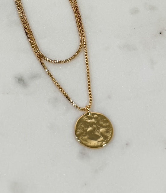 Gold Dipped Coin Pendant + CZ Charm Layered Chain Necklace