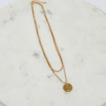 Gold Dipped Coin Pendant + CZ Charm Layered Chain Necklace