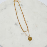 Gold Dipped Coin Pendant + CZ Charm Layered Chain Necklace