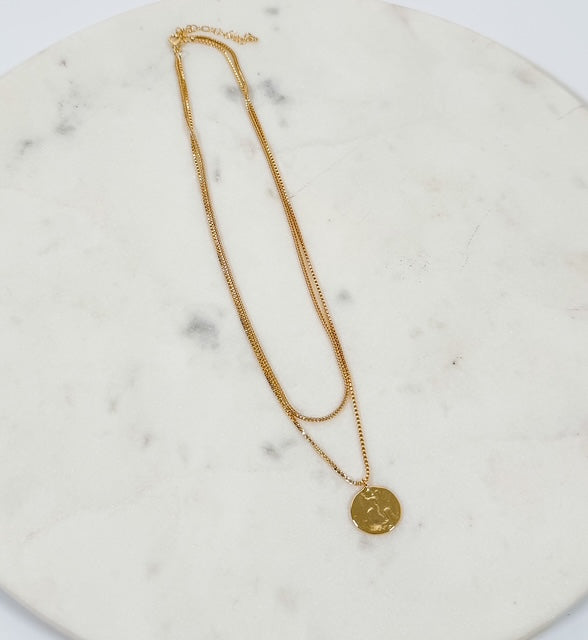 Gold Dipped Coin Pendant + CZ Charm Layered Chain Necklace