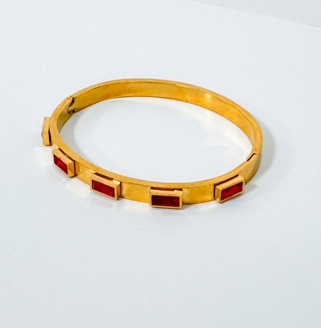 Gold Dipped Stainless Steel Red Zircon Bangle