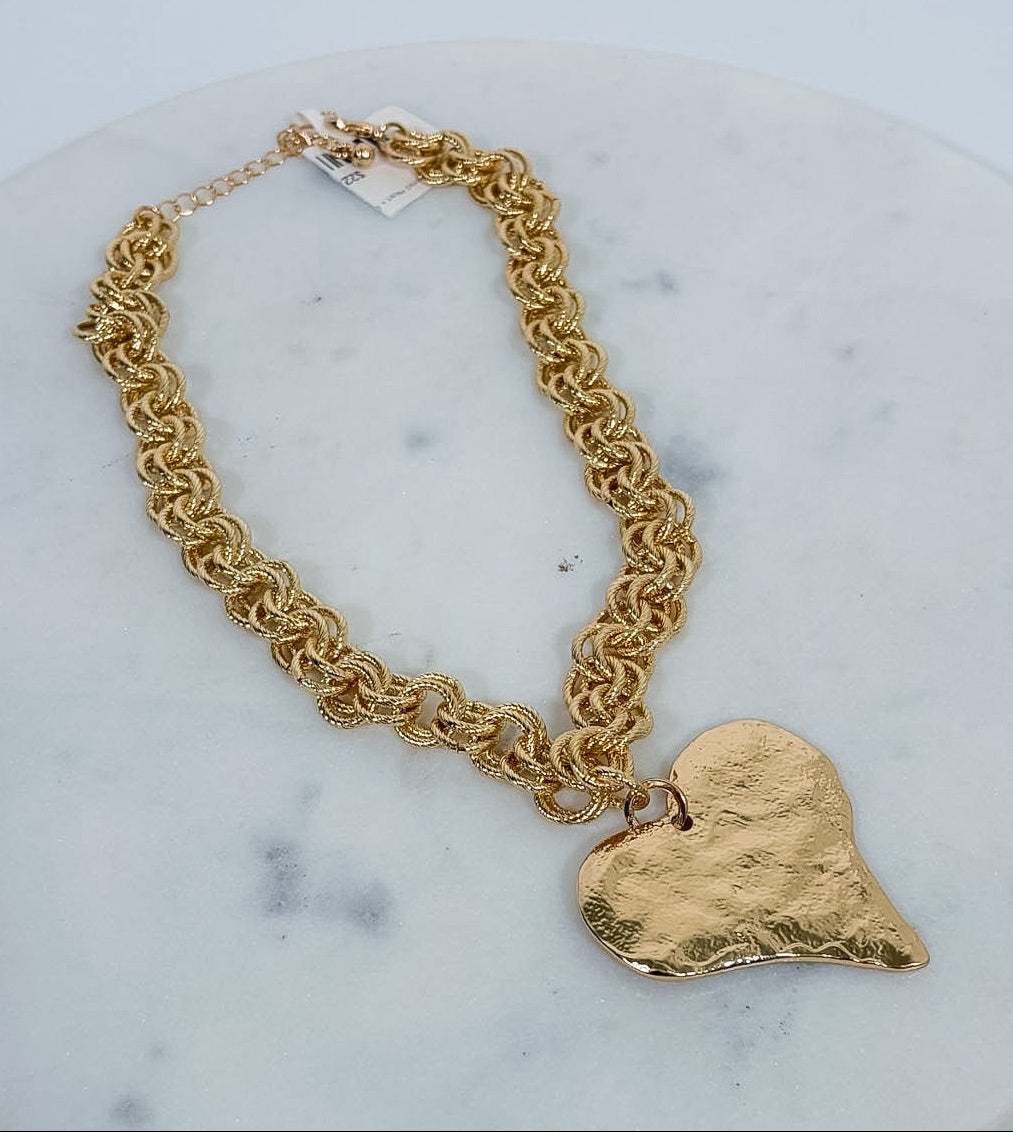 Gold Hammered Heart + Chunky Chain Necklace